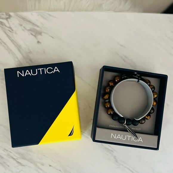 NAUTICA Tiger Eye Beaded Feather Charm‎ Bracelet, Uni Sex, Brown/Black, NWT - Picture 4 of 15